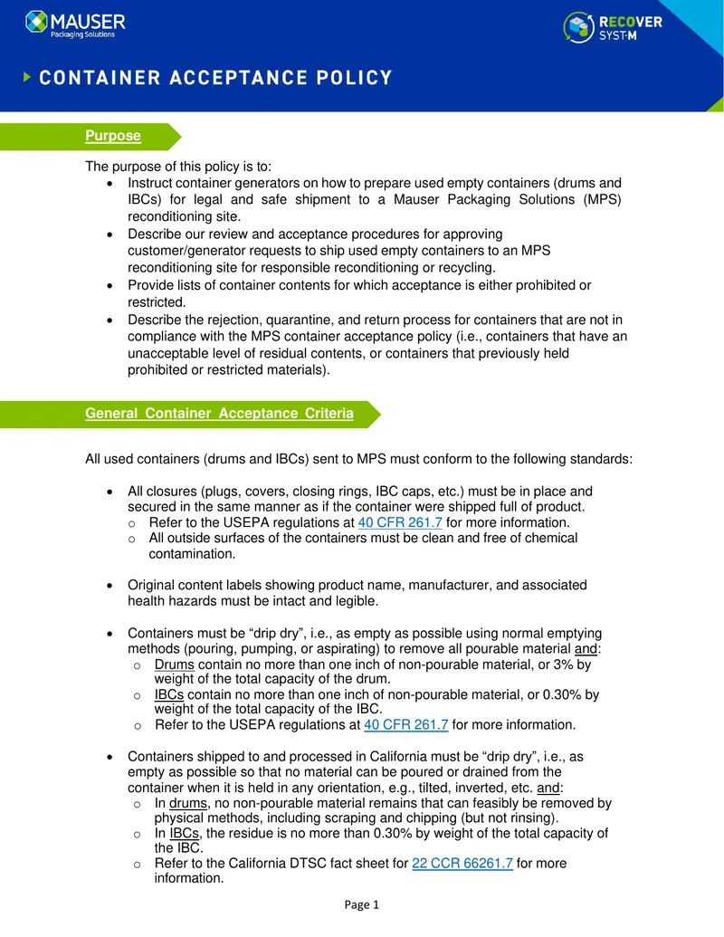 Container Acceptance Policy for Reconditioning