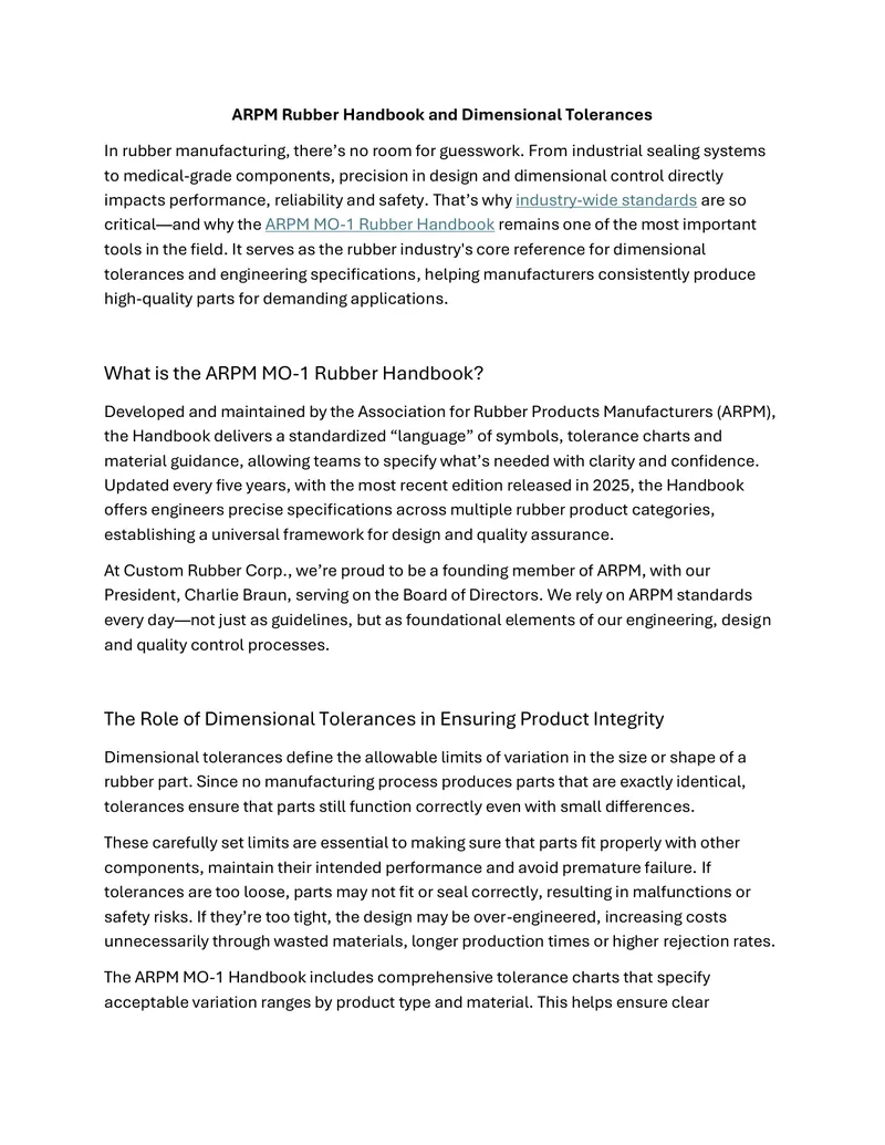 ARPM Rubber Handbook and Dimensional Tolerances Overview