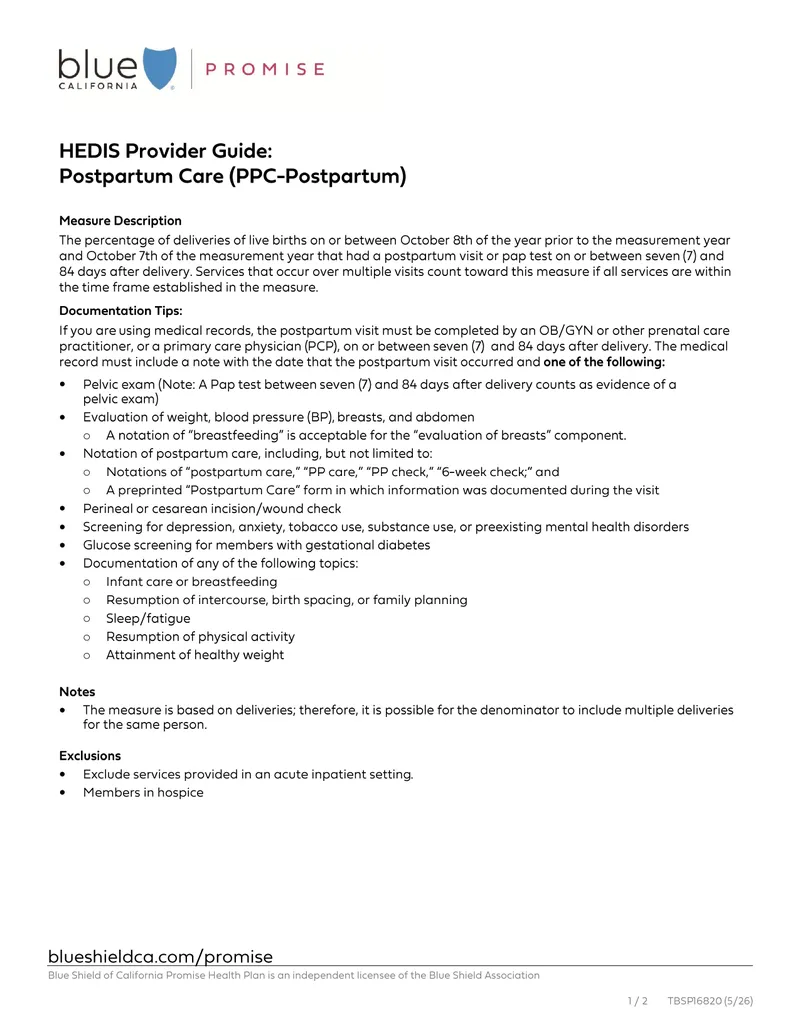 HEDIS Provider Guide for Postpartum Care