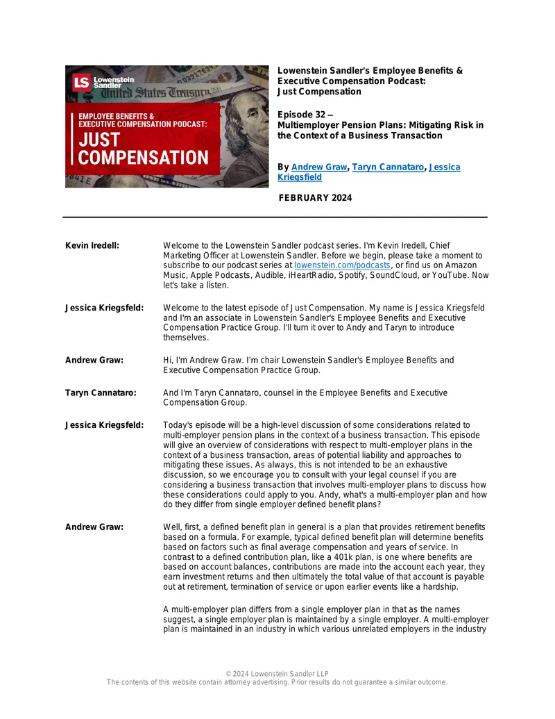 Multiemployer Pension Plans in Business Transactions