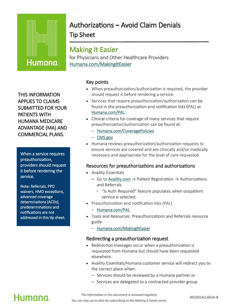 Authorizations Tip Sheet for Claim Denials