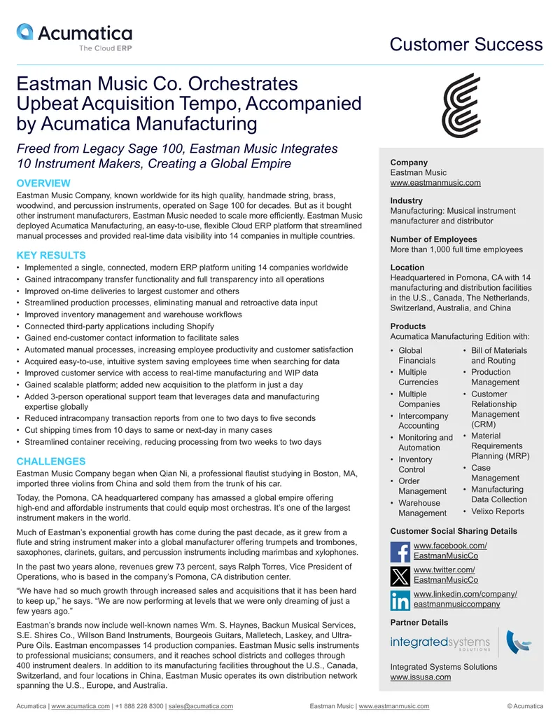Eastman Music Company Acumatica Manufacturing Deployment preview page 1