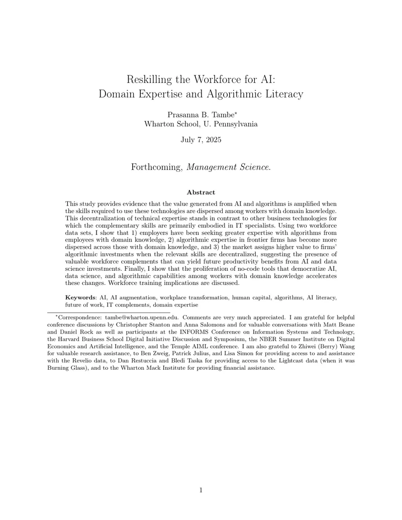 Reskilling the Workforce for AI and Algorithmic Literacy