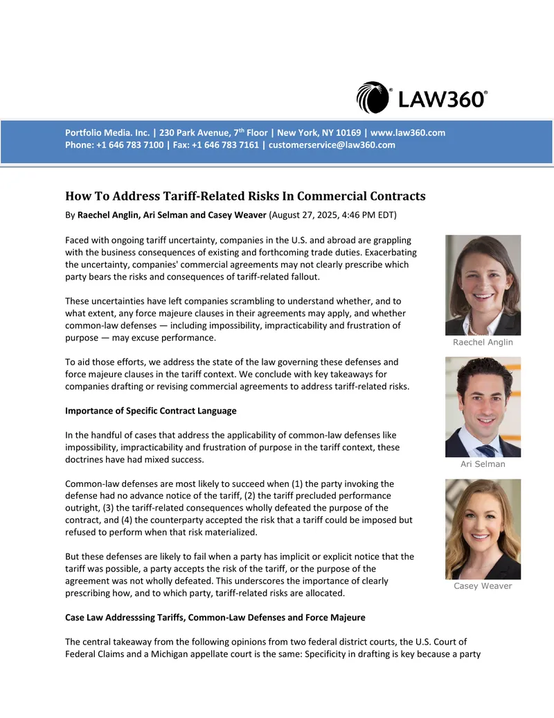 Addressing Tariff-Related Risks in Commercial Contracts