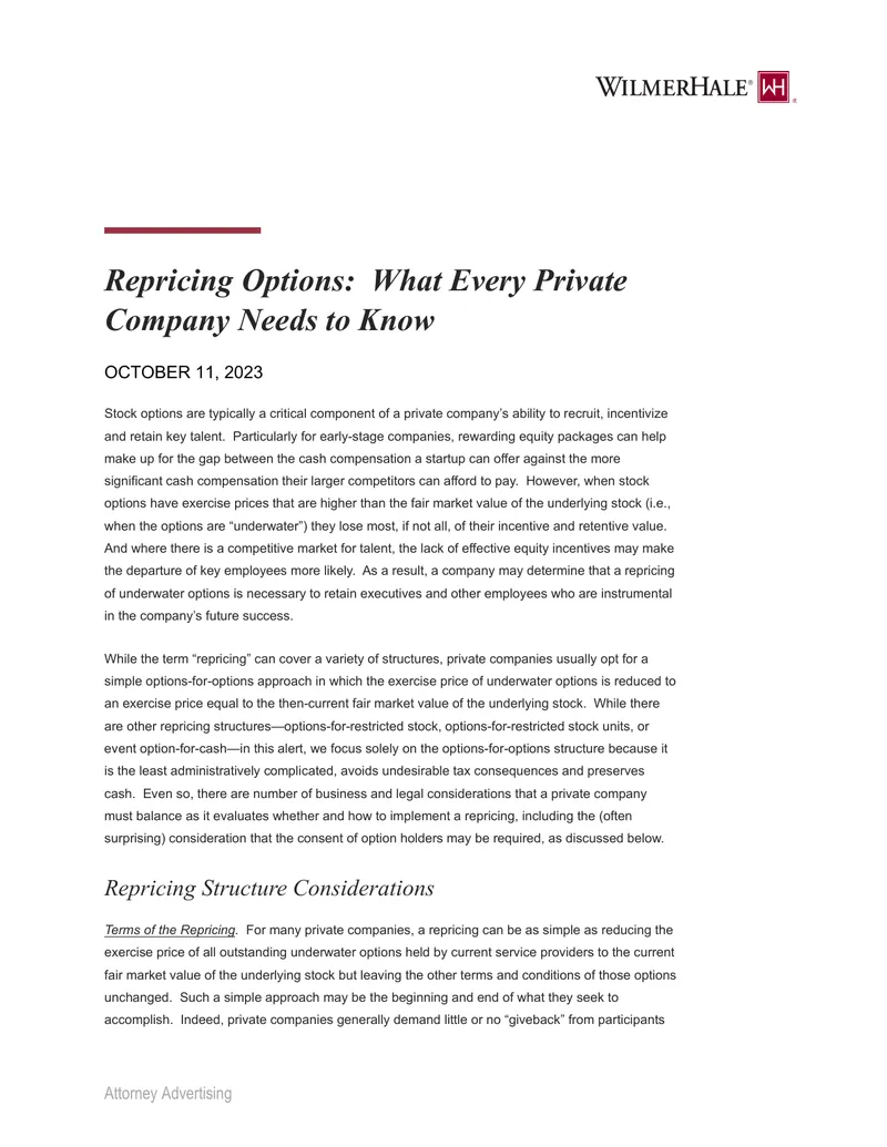 Repricing Options for Private Companies