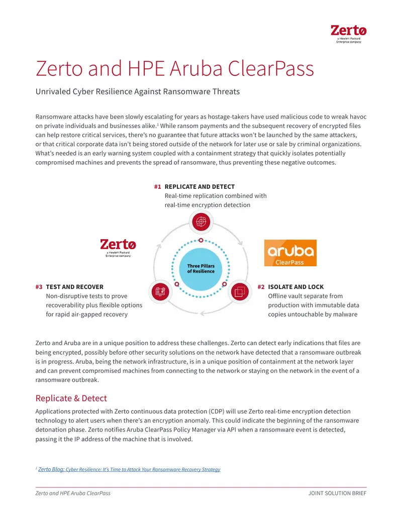 Zerto and HPE Aruba ClearPass Joint Solution Brief
