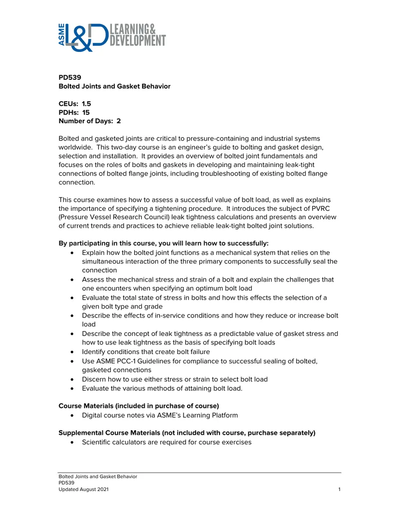 Bolted Joints and Gasket Behavior Course Guide preview page 1