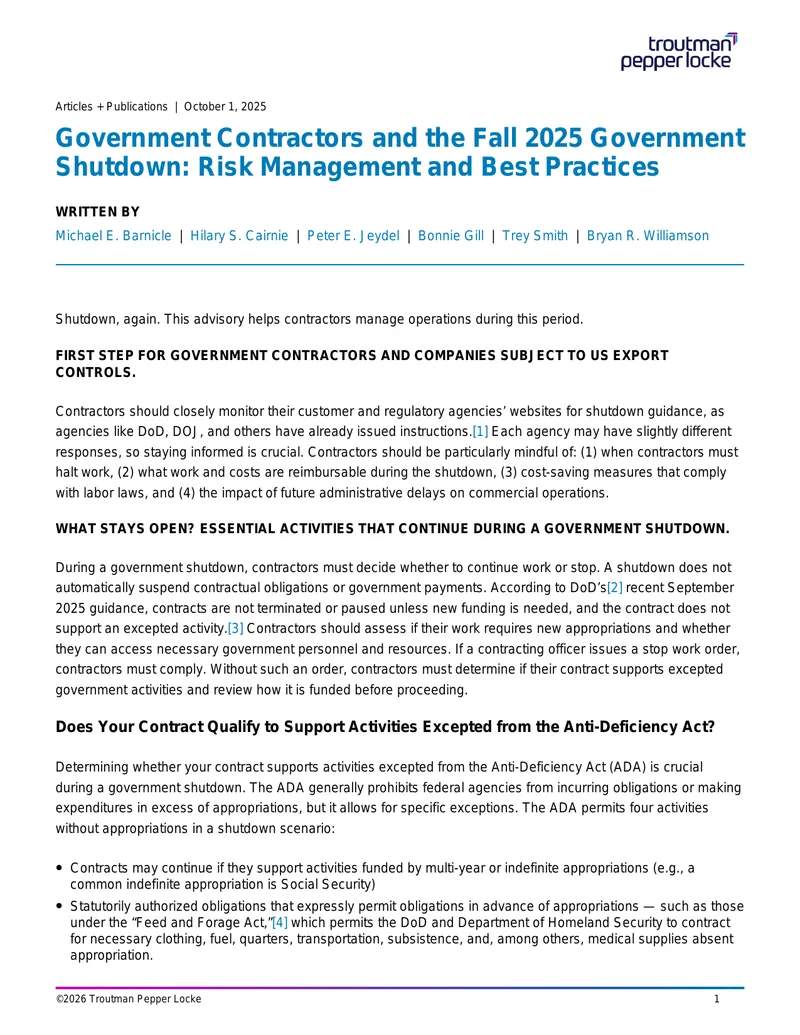 Government Contractors and Fall 2025 Shutdown Advisory