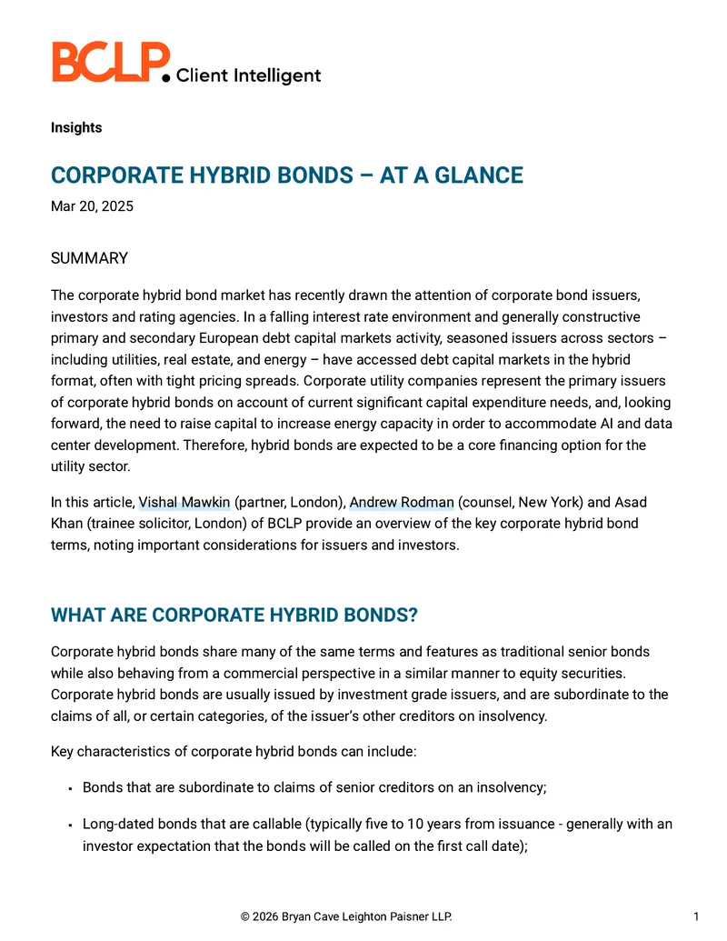 Corporate Hybrid Bonds Overview and Considerations