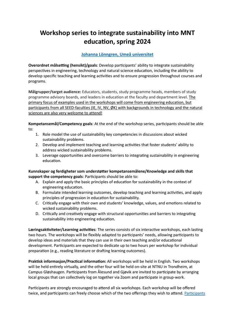 Workshop Series for Integrating Sustainability in Education