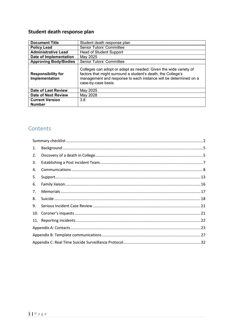 Student Death Response Plan