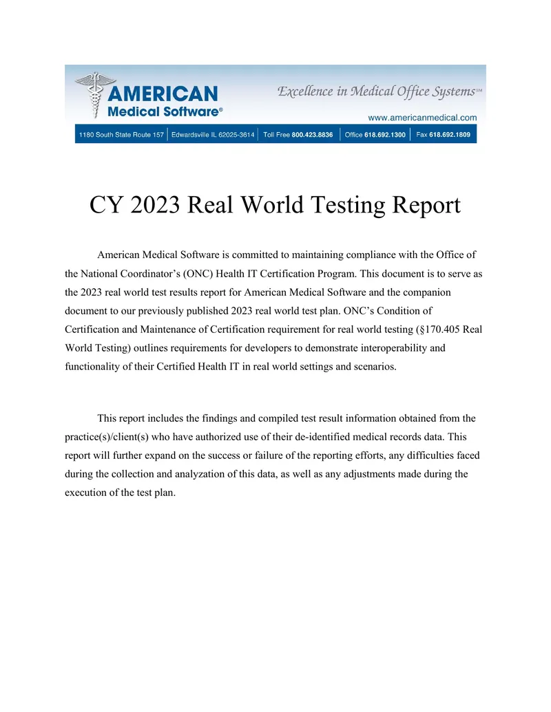 CY 2023 Real World Testing Report for Health IT