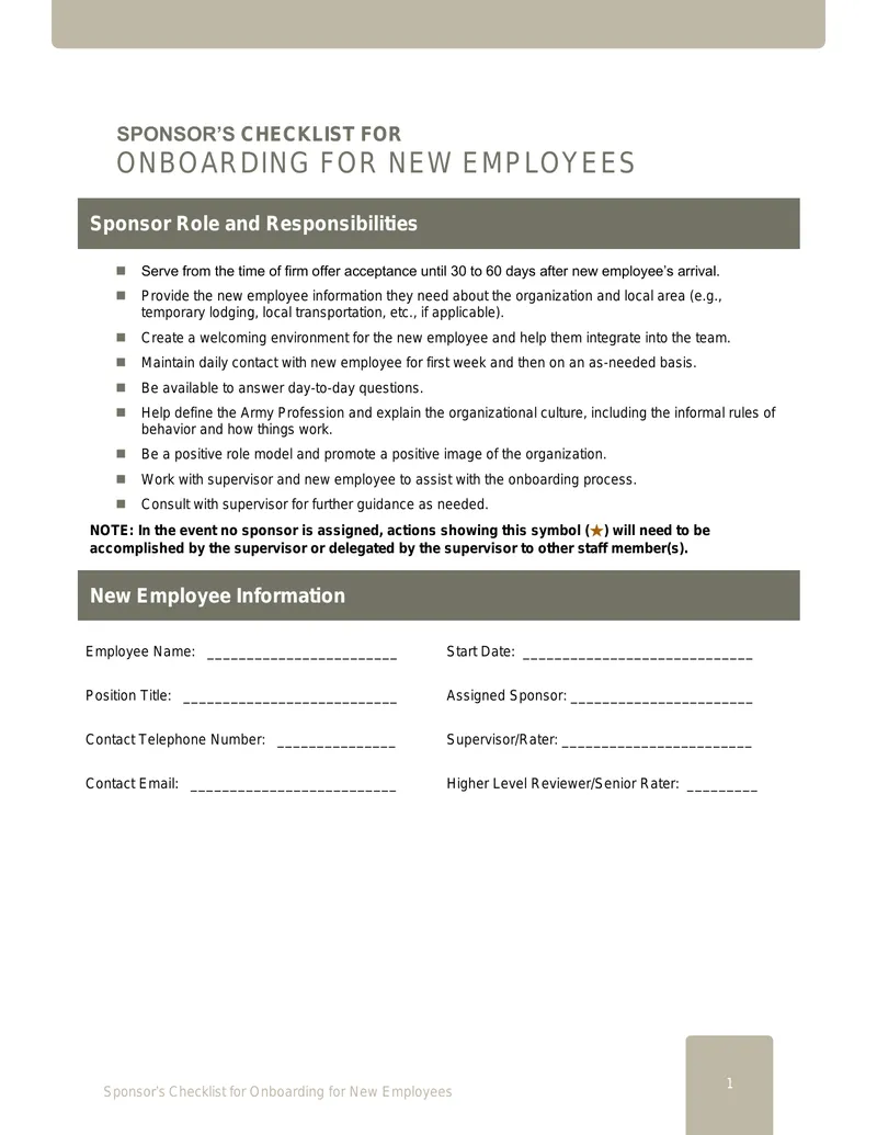 Sponsor's Checklist for Onboarding New Employees