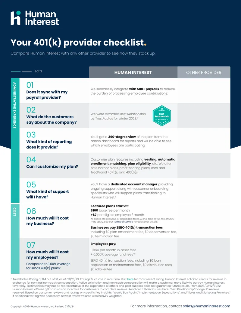 401(k) Provider Comparison Checklist