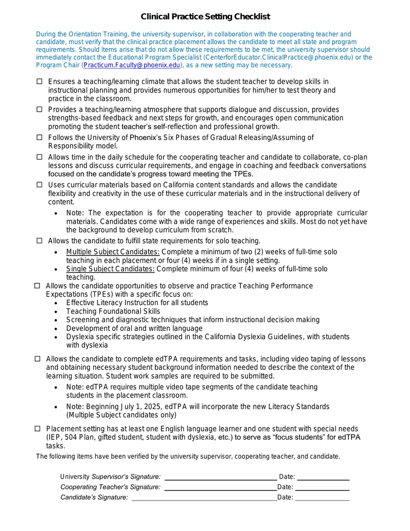 Clinical Practice Setting Checklist