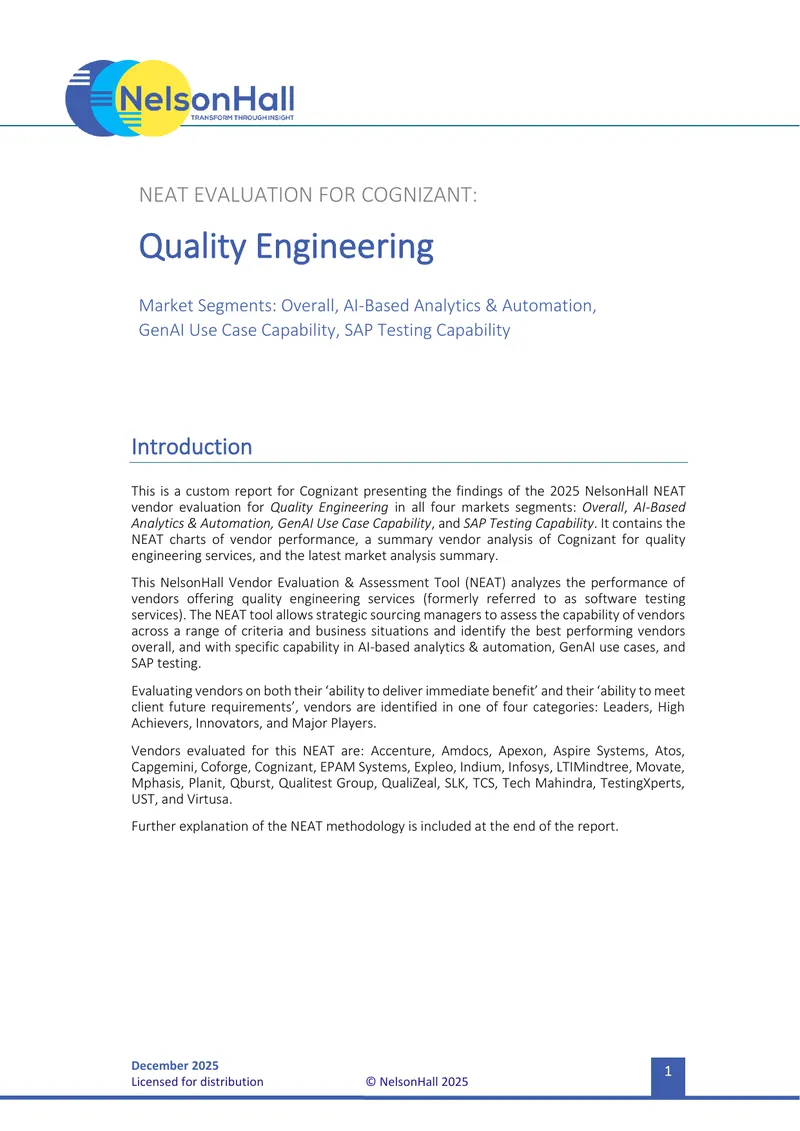 NEAT Evaluation for Cognizant in Quality Engineering