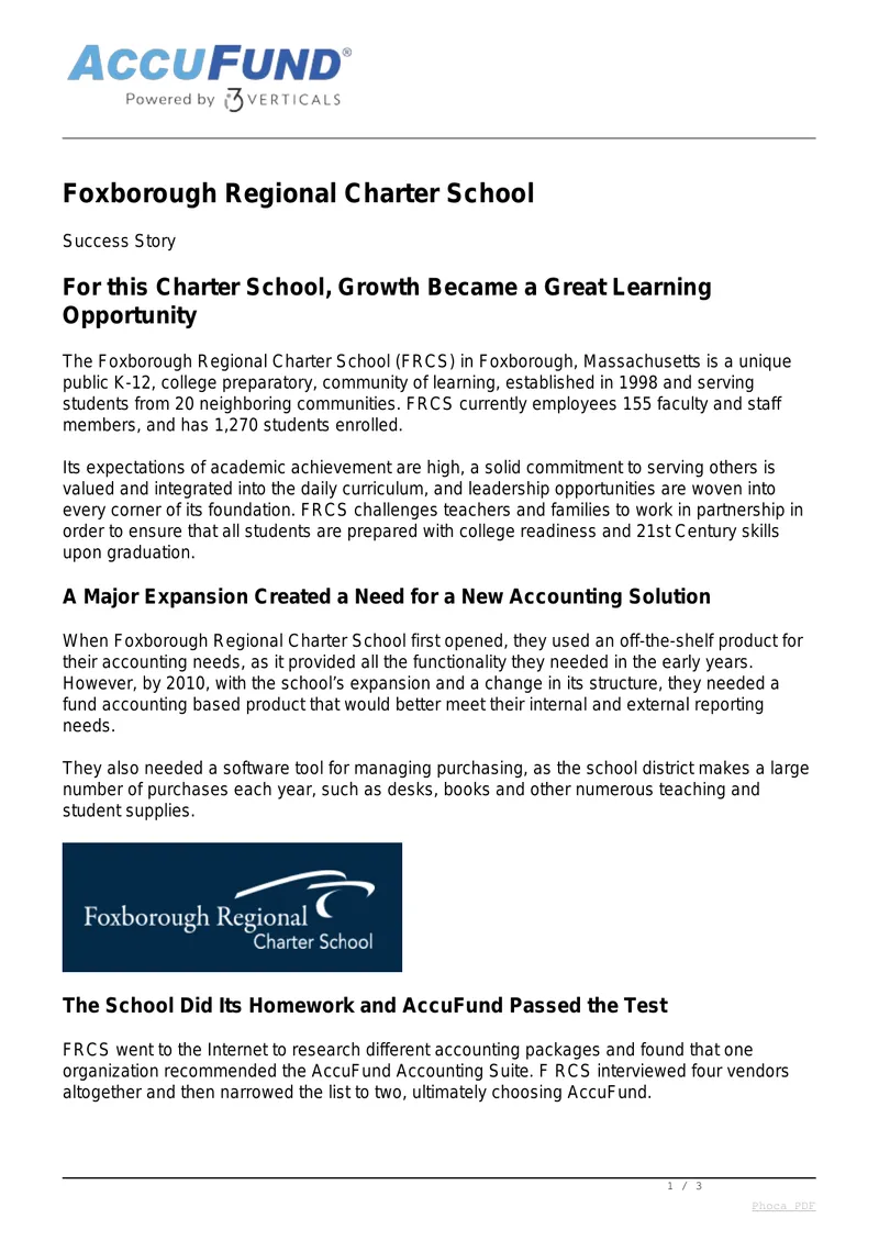 Foxborough Regional Charter School Accounting Solution Case Study