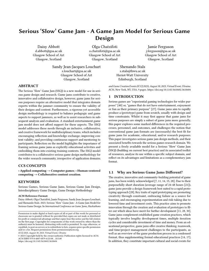 Serious ‘Slow’ Game Jam Model for Game Design