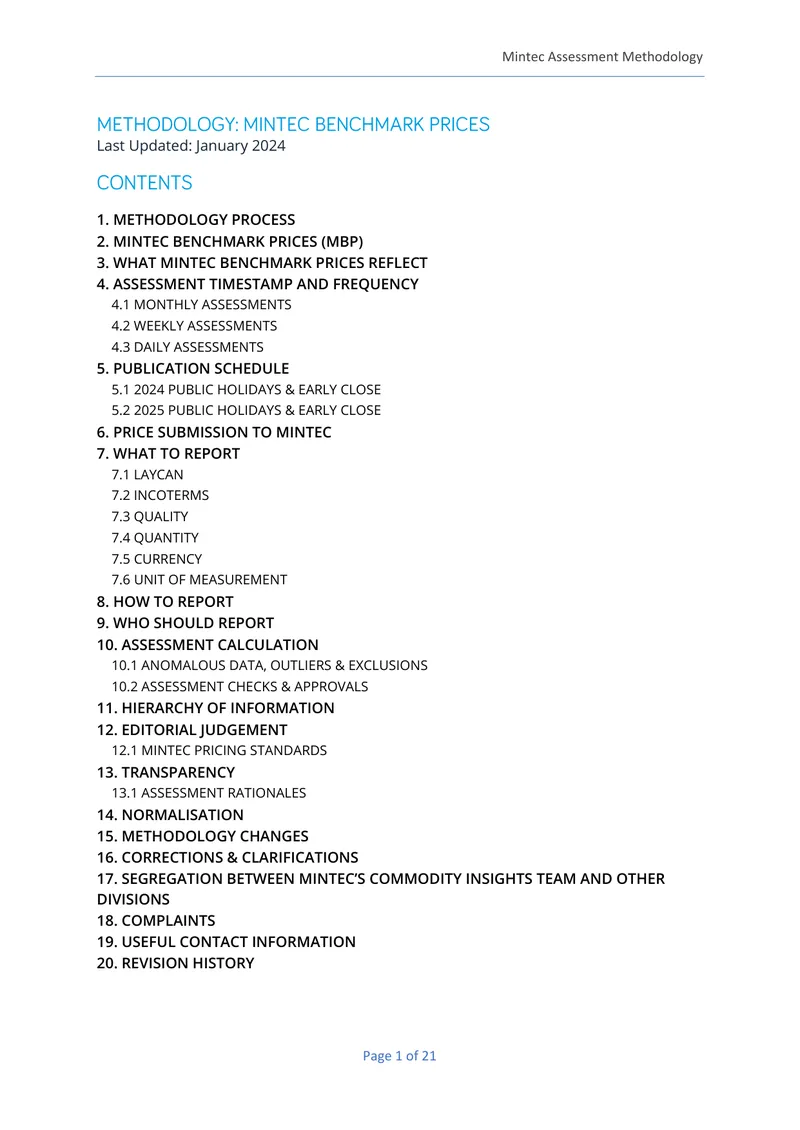 Mintec Benchmark Prices Assessment Methodology