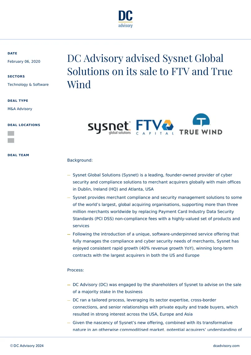 M&A Advisory for Sysnet Global Solutions Sale