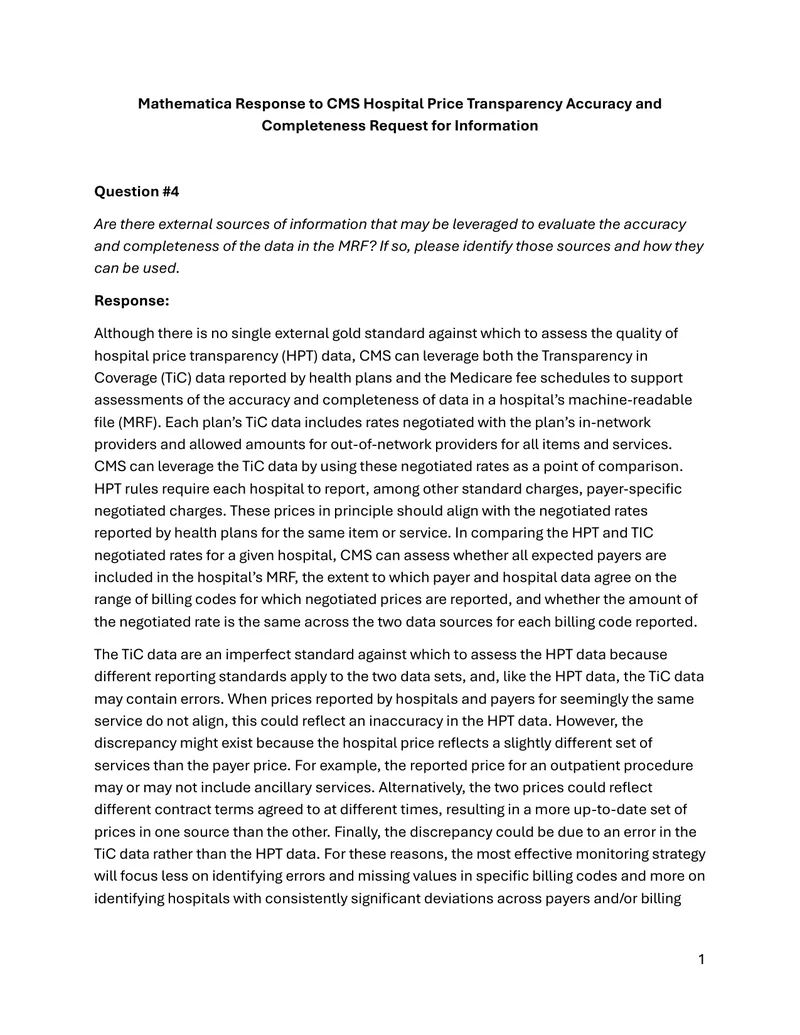 Response to CMS Hospital Price Transparency Inquiry