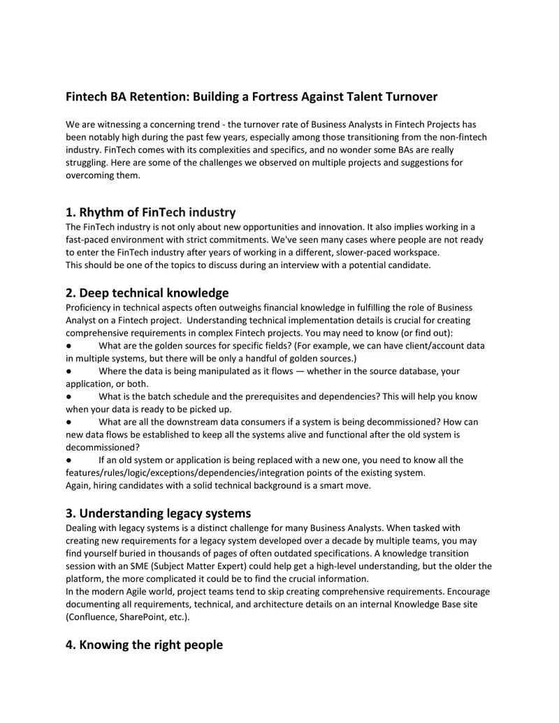 Fintech Business Analyst Retention Strategies