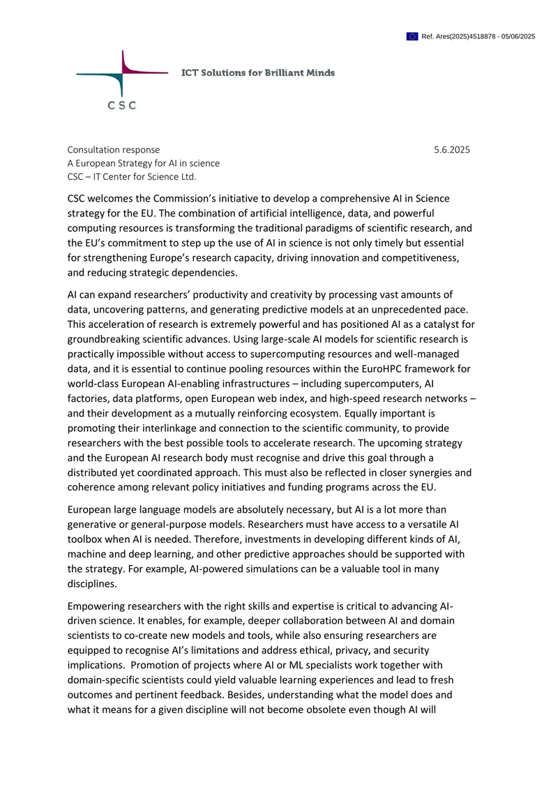 European Strategy for AI in Science Consultation Response