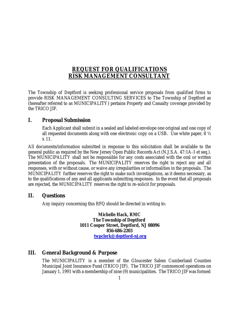 Request for Qualifications for Risk Management Consultant