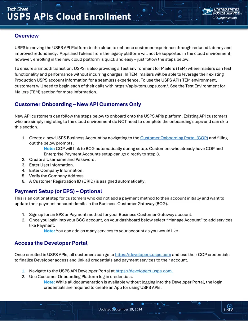 USPS APIs Cloud Enrollment Technical Sheet