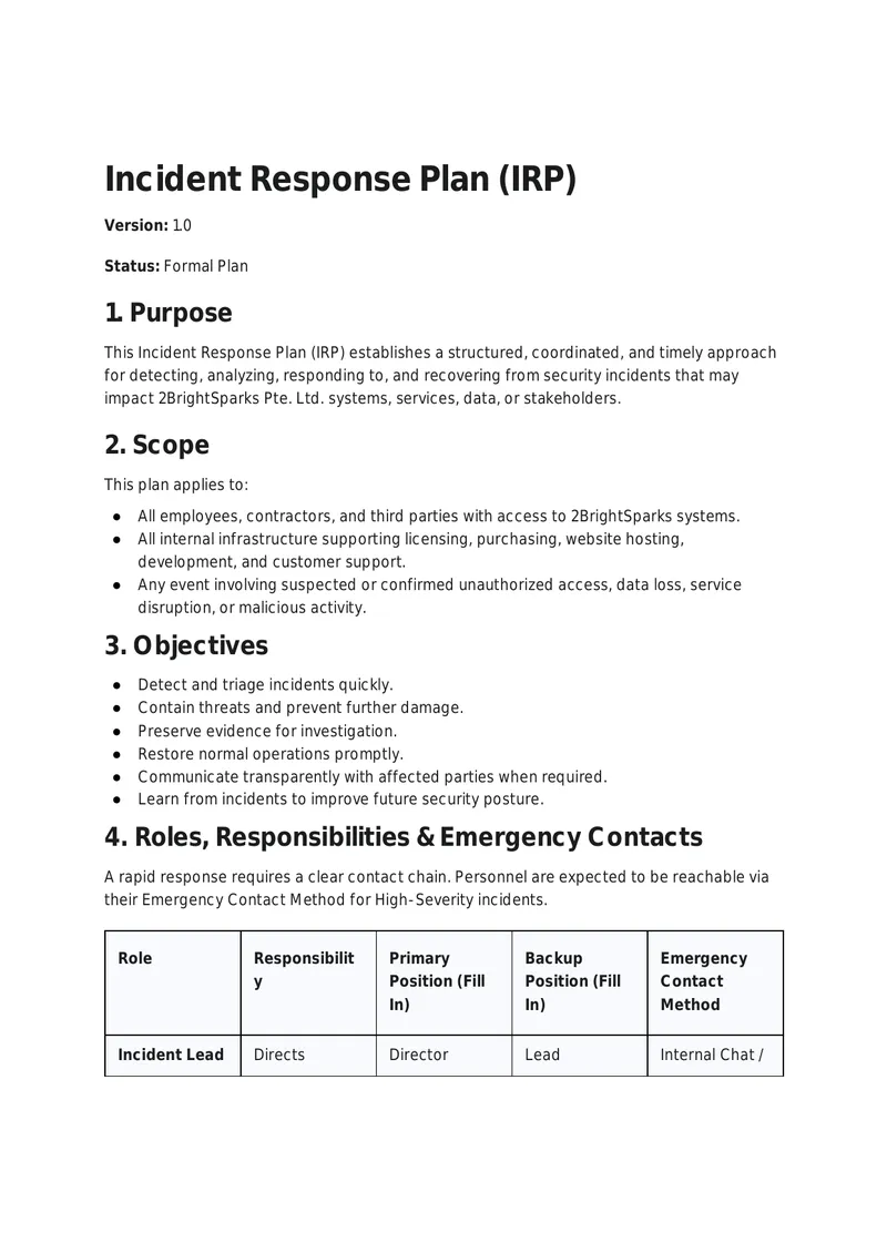 Incident Response Plan for 2BrightSparks Pte Ltd