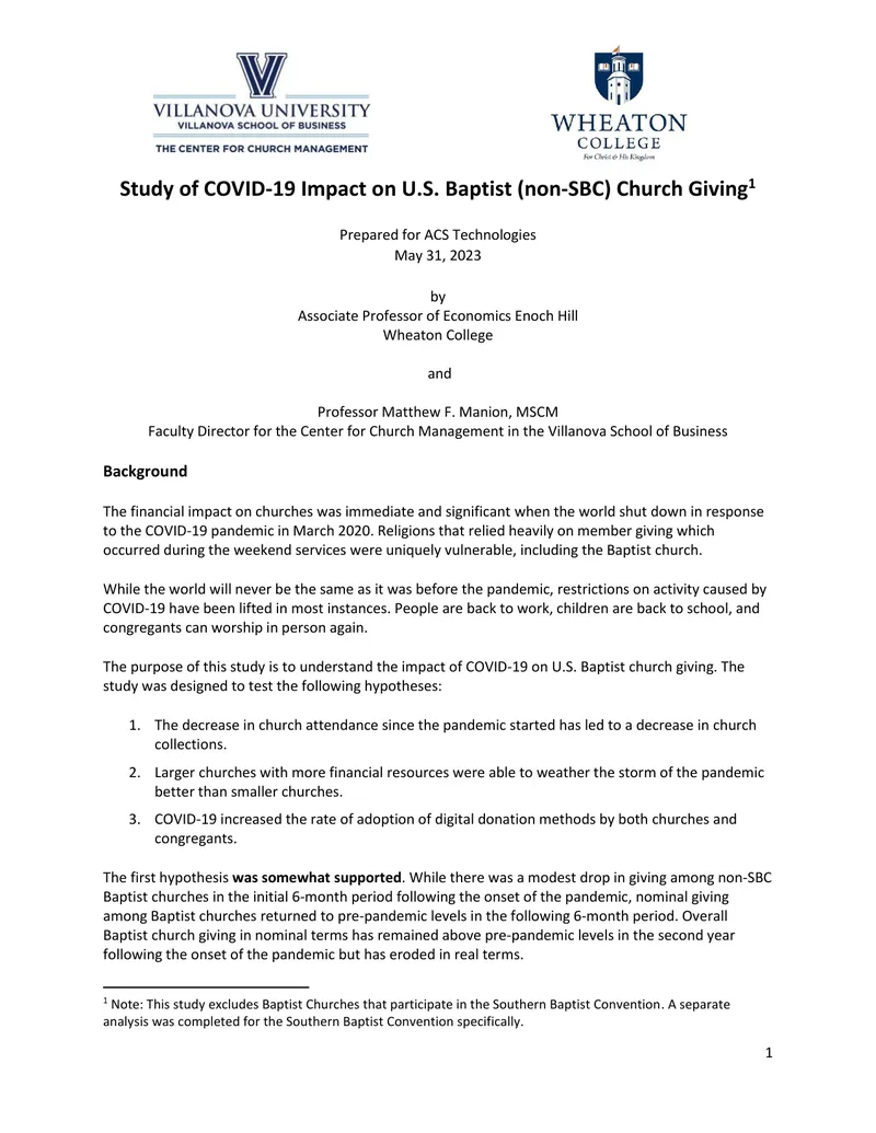 Study of COVID-19 Impact on U.S. Baptist Church Giving