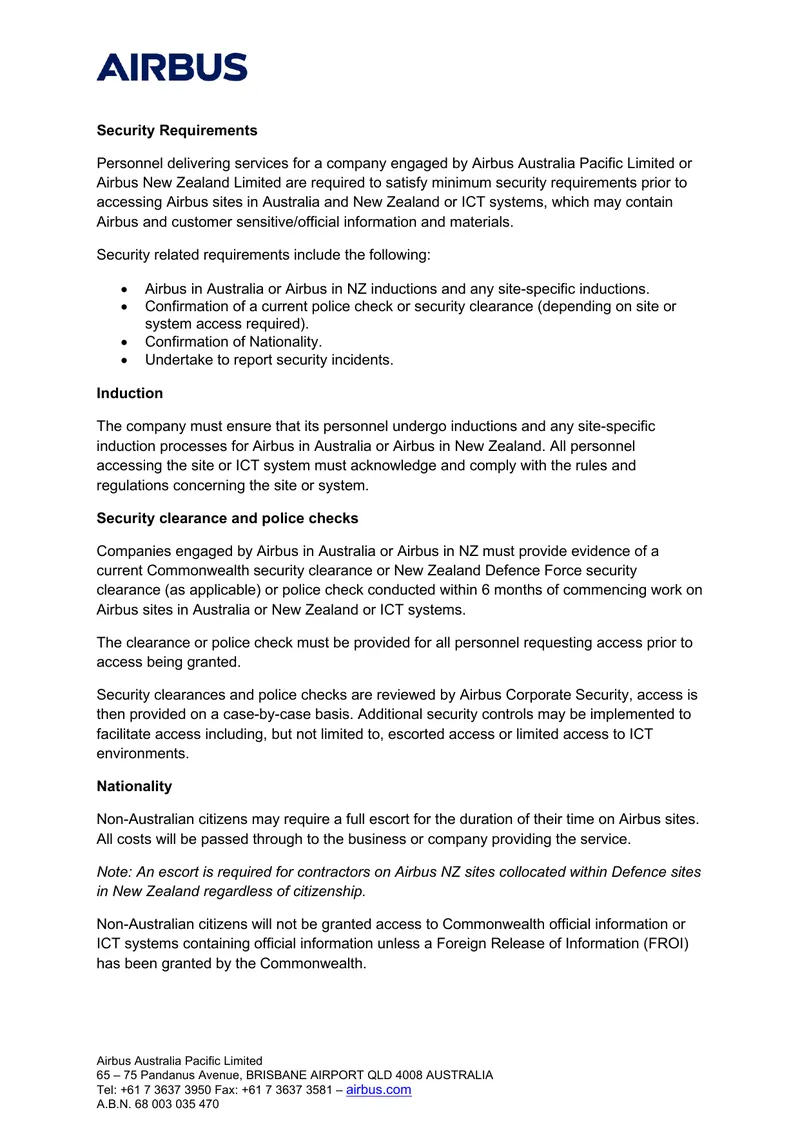 Airbus Security Requirements for Personnel Access
