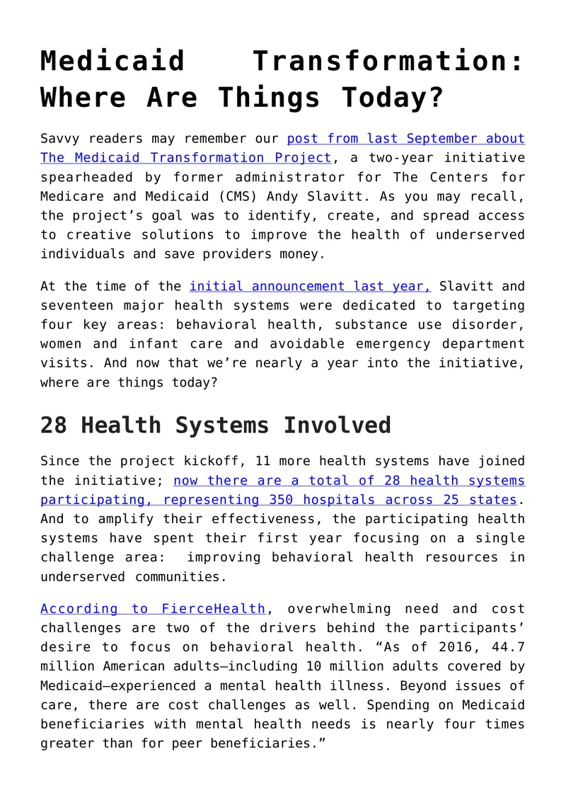 Medicaid Transformation Project Progress Report