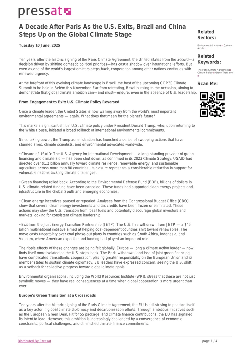 Global Climate Leadership Post U.S. Withdrawal
