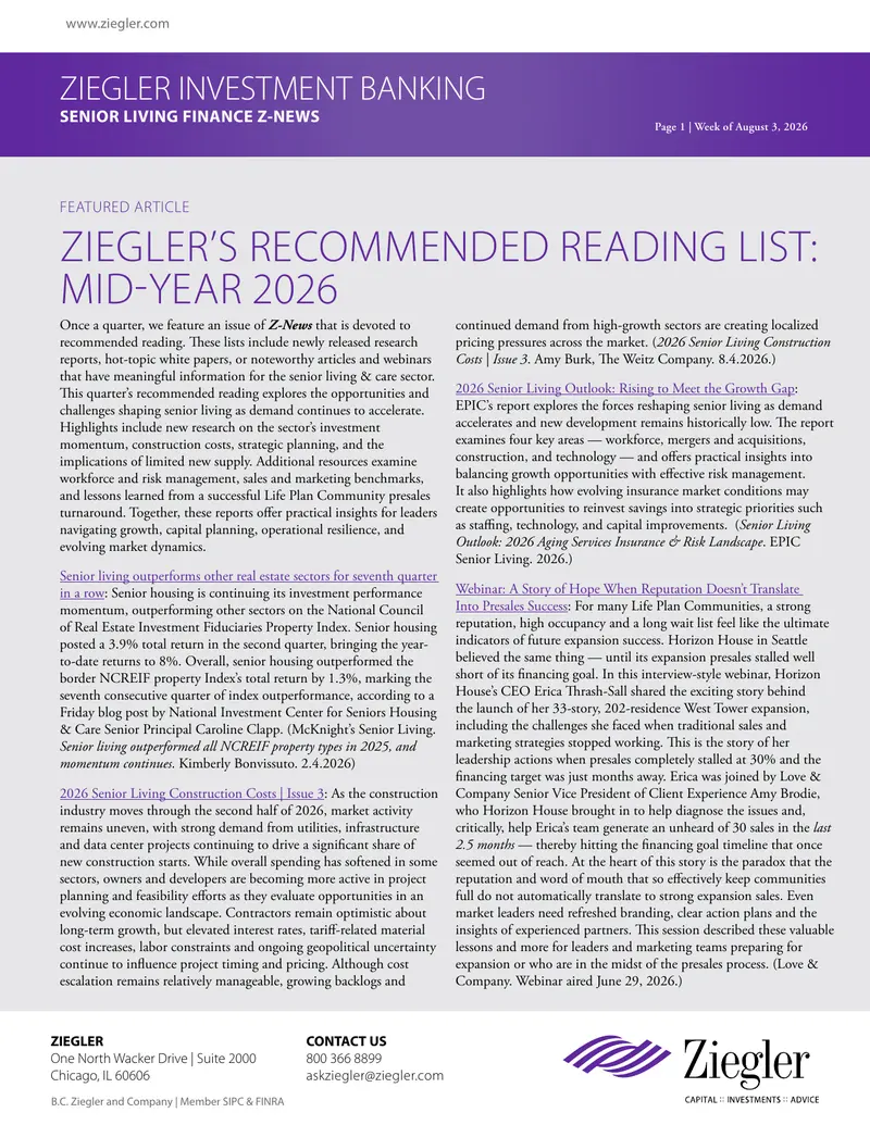 Ziegler Investment Banking Senior Living Finance Z-News