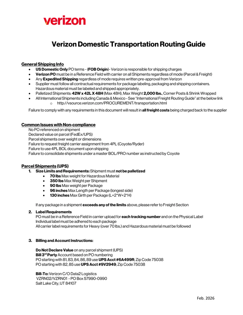 Verizon Domestic Transportation Routing Guide