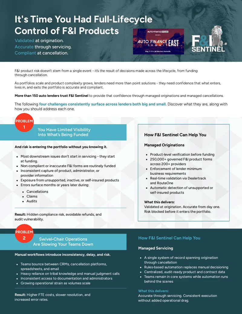Full Lifecycle Control of F&I Products