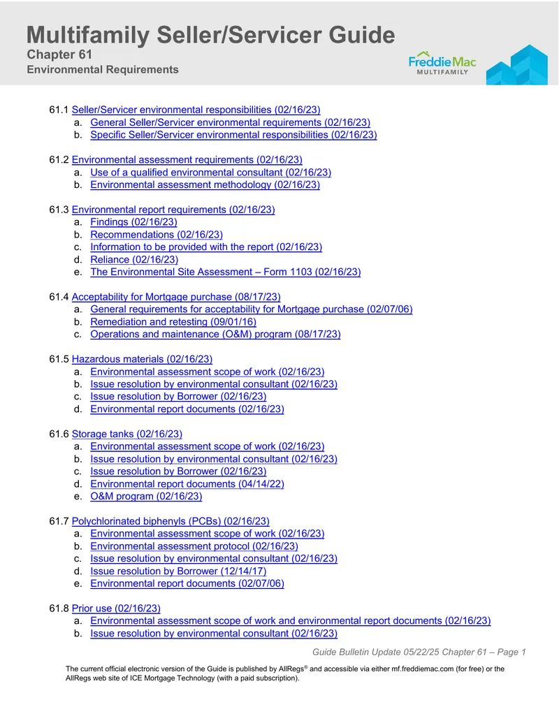Multifamily Seller/Servicer Guide Chapter 61 Update