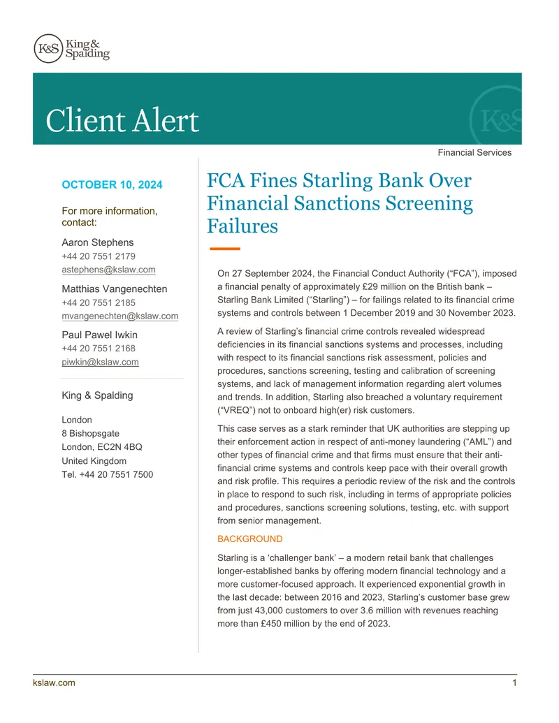 FCA Penalty on Starling Bank for Sanctions Failures