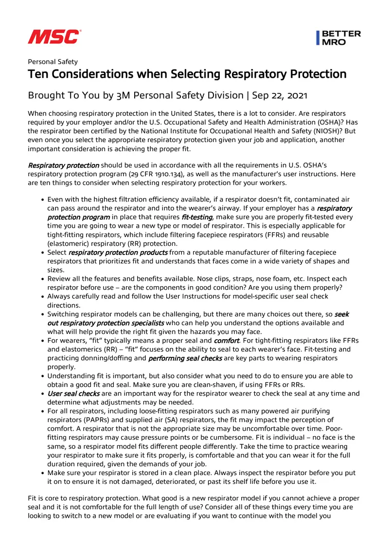 Considerations for Selecting Respiratory Protection