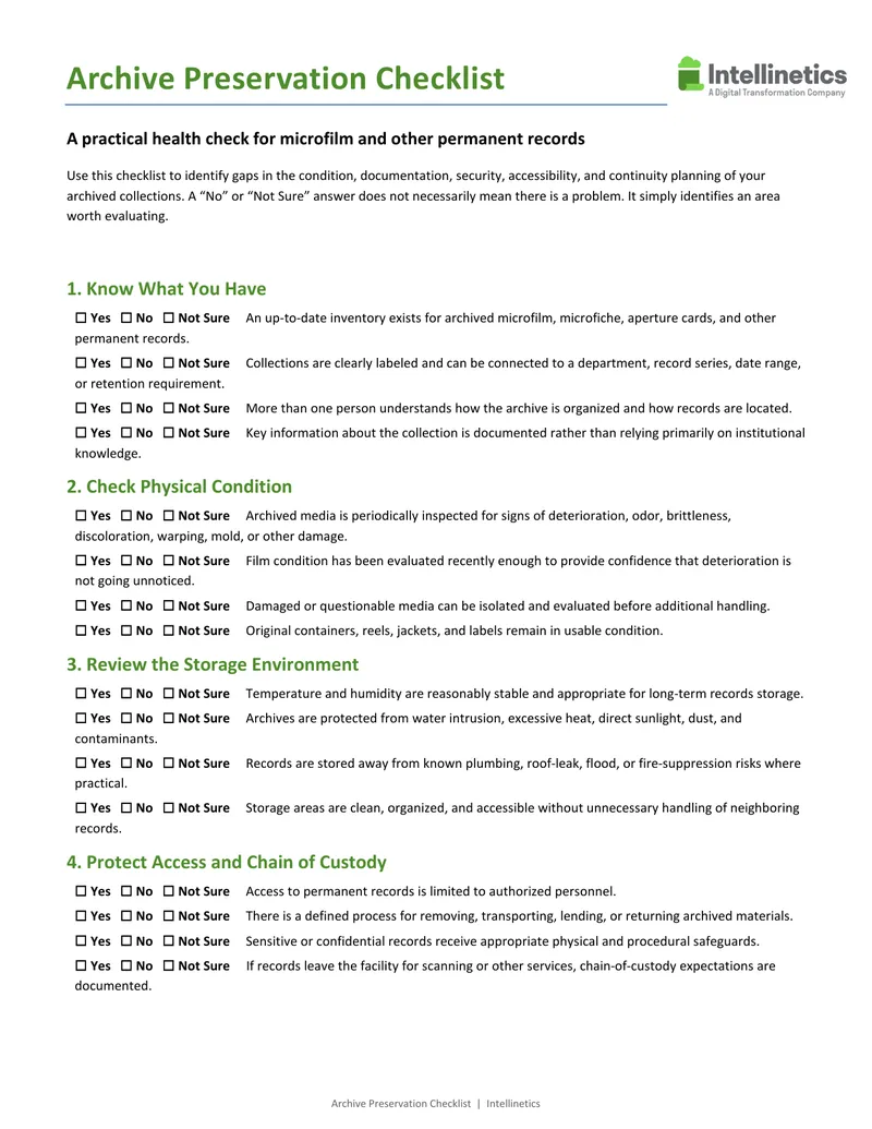 Archive Preservation Checklist for Permanent Records