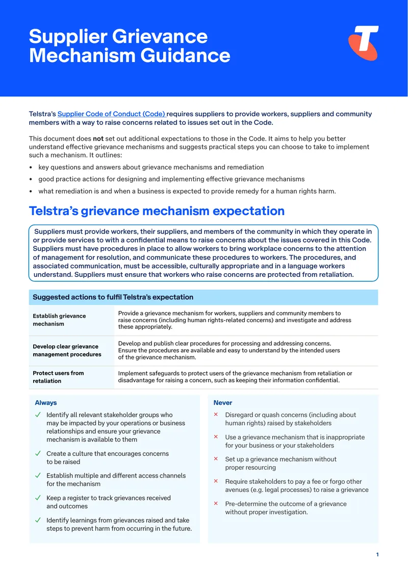 Supplier Grievance Mechanism Guidance