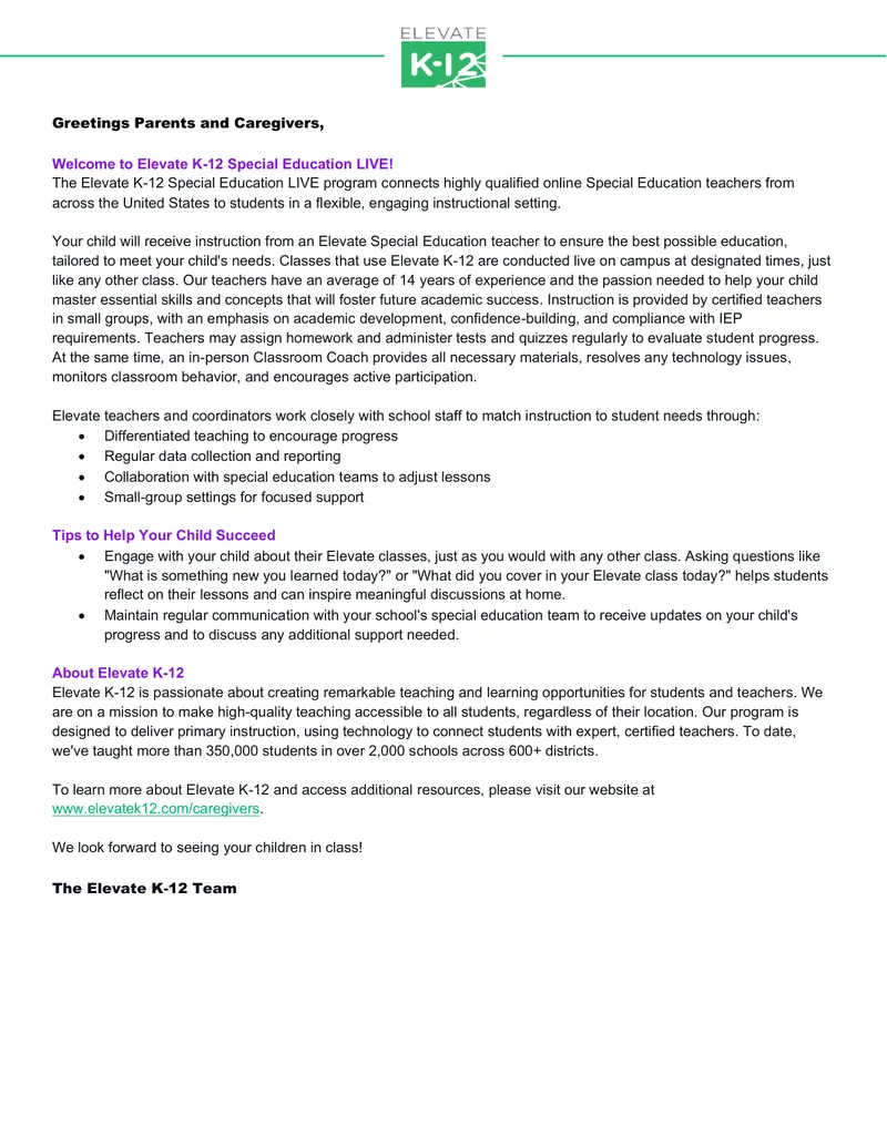 Elevate K-12 Special Education Program Overview