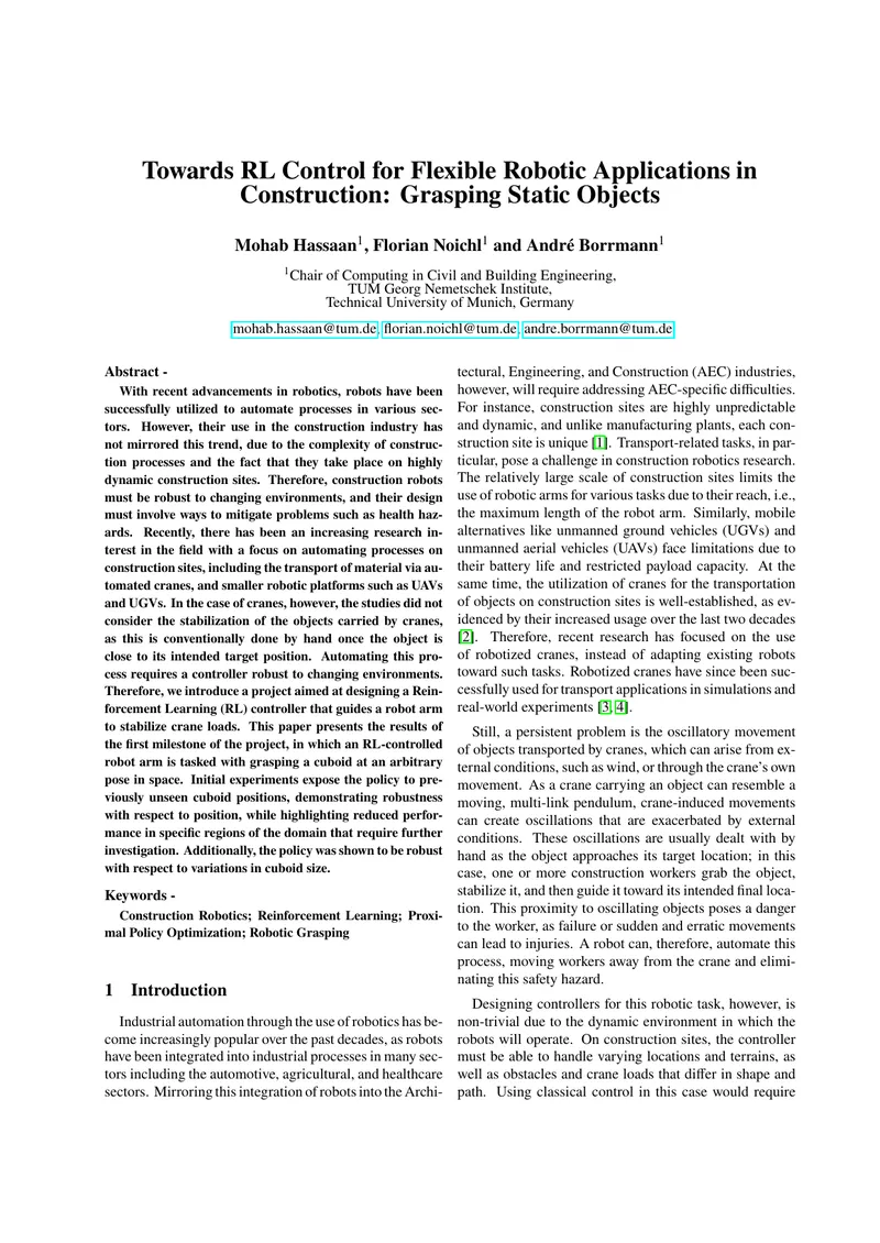 Reinforcement Learning for Robotic Grasping in Construction