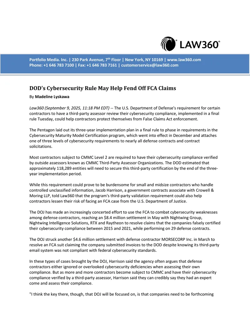DOD Cybersecurity Compliance and FCA Claims