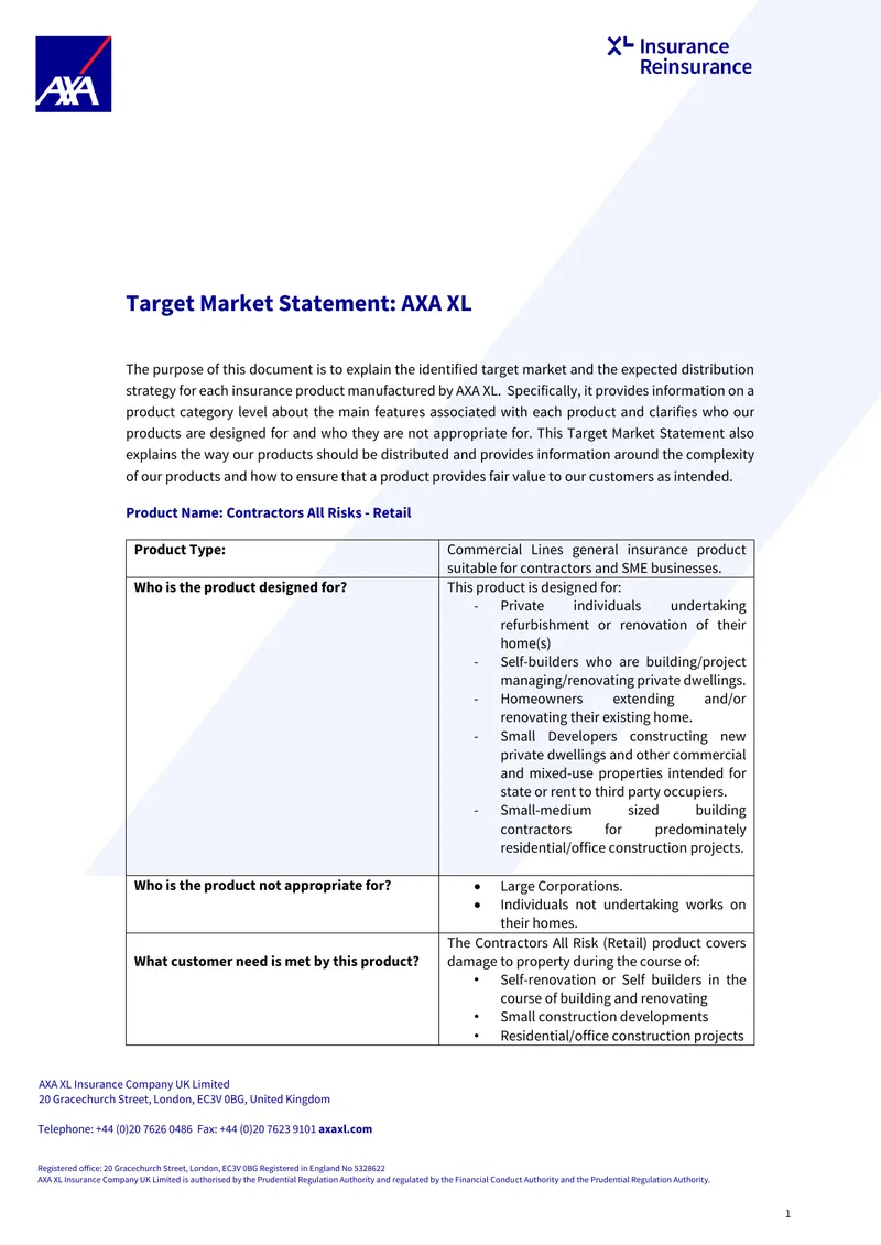 AXA XL Contractors All Risks Target Market Statement