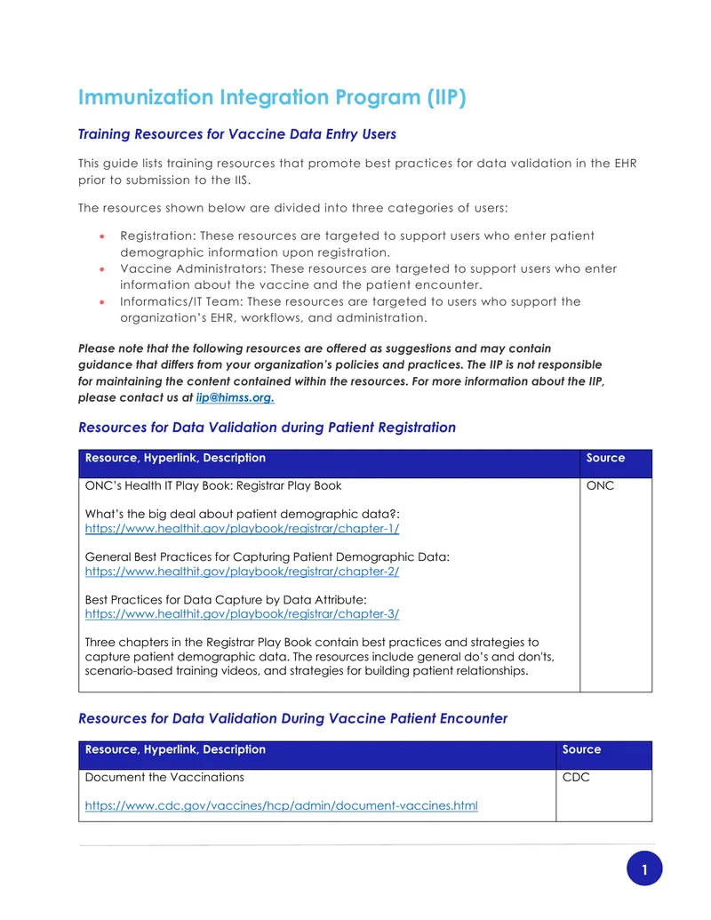 Training Resources for Vaccine Data Entry Users