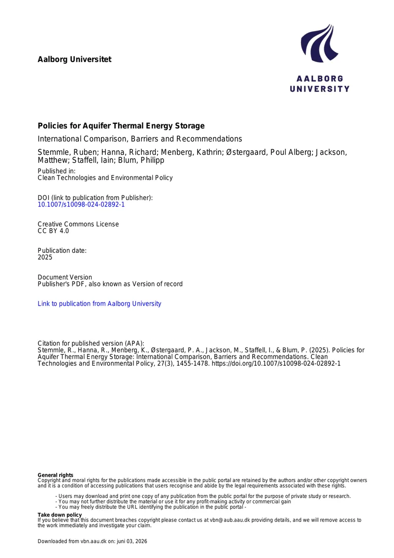 Policies for Aquifer Thermal Energy Storage