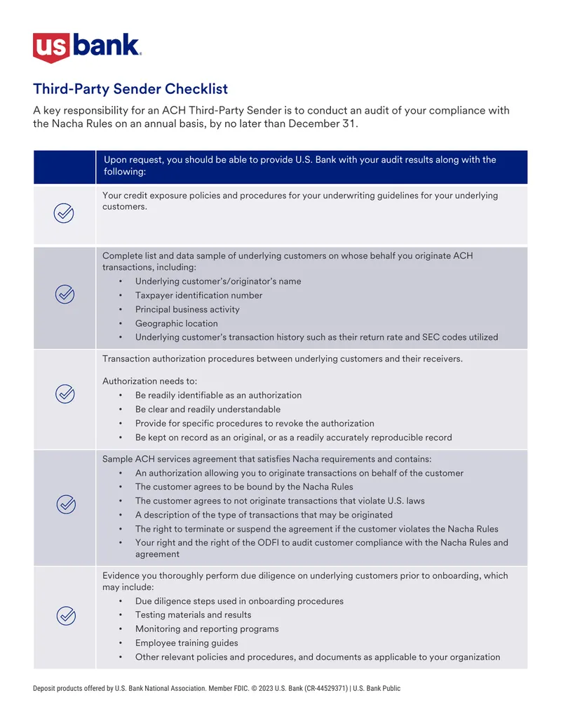 ACH Third-Party Sender Compliance Checklist