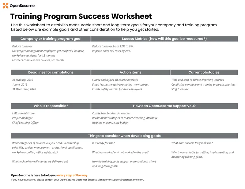 Training Program Success Worksheet